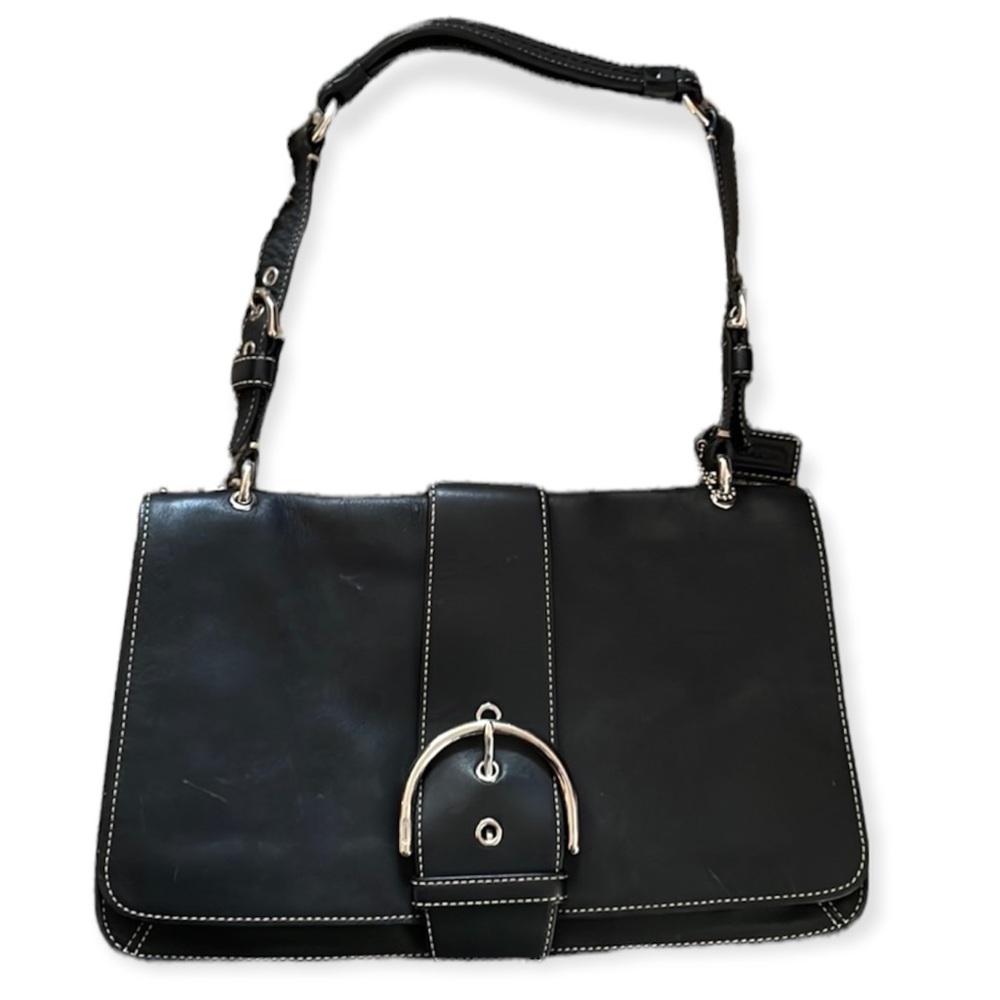 Black Coach Purse Genuine Leather Shoulder Bag w/ Metallic Buckle